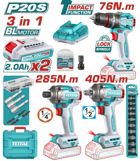 TOTAL P20S 無刷馬達 3合1 電動工具組 20V 2.0Ahx2 含衝擊起子機與震動電鑽, 1箱