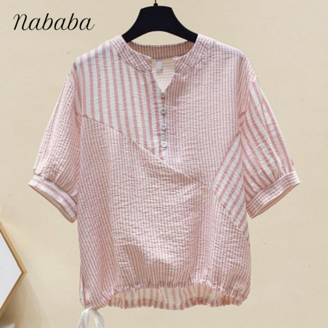 나바바 NB2632 여성 스트라이프 밑단 스트링 반팔 블라우스