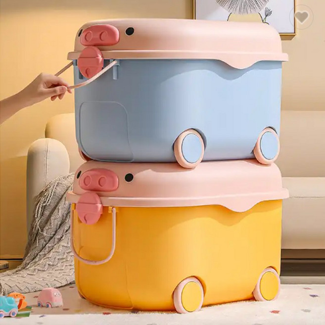 스택앤폴드 동물카트박스 완구 정리 수납 리빙박스, 돼지 핑크 옐로우, L(58x38x33), 1개