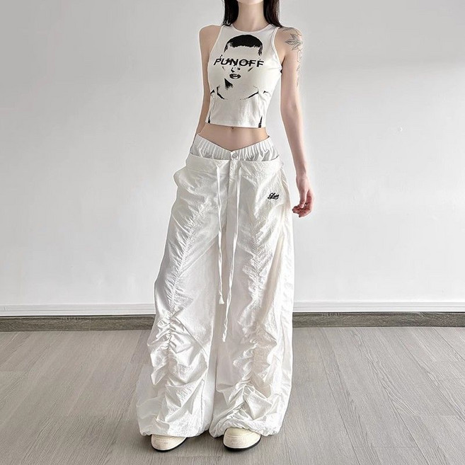 COSYEVNO 여자 카고 바지 가을 빅사이즈 하이웨스트 와이드 주름 빈티지 패션 캐주얼 심플 스트링 트레이닝 바지 CXJxzk-26