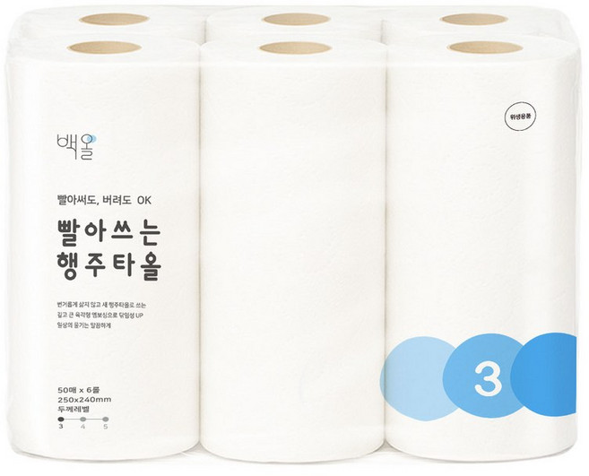 백올 빨아쓰는행주 키친타올 도톰한 스카이블루 50매x6롤, 6박스, 50매
