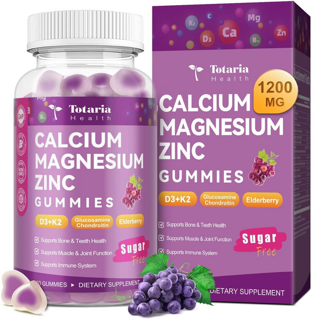 Totaria 칼슘 마그네슘 아연 비타민D3 비타민K2 함유 뼈 치아 건강 구미 영양제, 1개, 60정