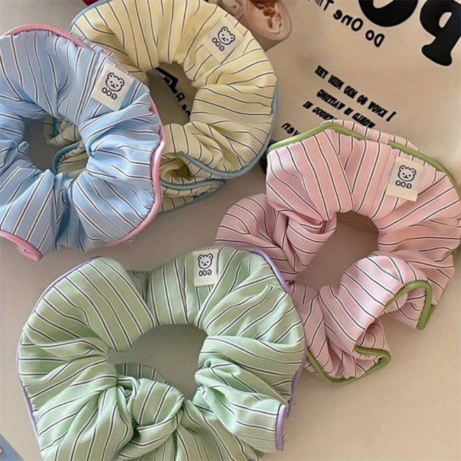 귀여운 캐주얼 스트라이프 곱창밴드 스크런치 4종 세트