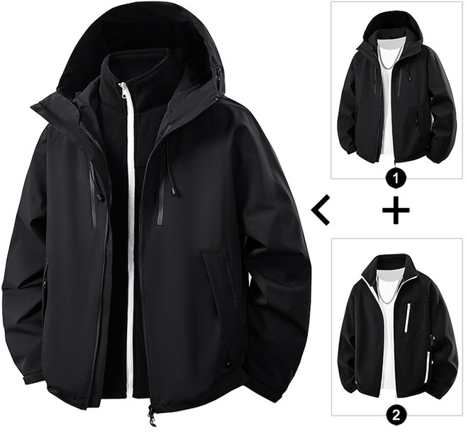 男女款三合一衝鋒衣 - 大尺碼防風防水外套，400克抓絨可拆內膽，適合滑雪、登山等戶外活動