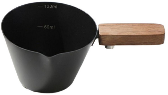 카페마스터 감성 스텐304 우드핸들 샷잔 120ml 홈카페 에스프레소 계량컵 샷글라스 투샷 나무손잡이 우드손잡이, 1개, 블랙