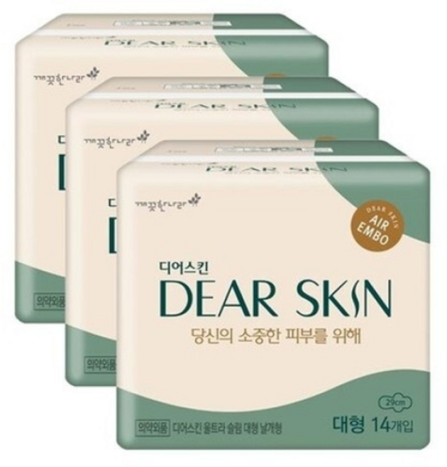 디어스킨 에어엠보 생리대 날개형, 대형, 14개입, 3개