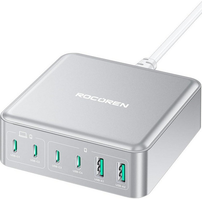 270W USB C 충전기 블록 Rocoren 6 포트 멀티 USB-C 충전 스테이션 100W PD 고속 USBC 간 스테이션 허브 도크 여러 장치용 맥북/아이폰 17/, Sliver