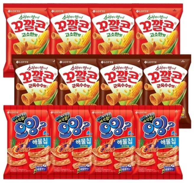 오잉 해물칩 75g x4개+꼬깔콘 2종(고소군옥수수)x4, 없음, 836g