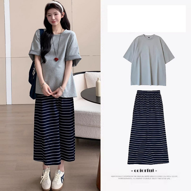 임산부 여름 롱스커트 세트 임부 루즈핏 반팔 티셔츠 + 스트라이프 롱치마 캐주얼 임부복 상하의 세트 LCL