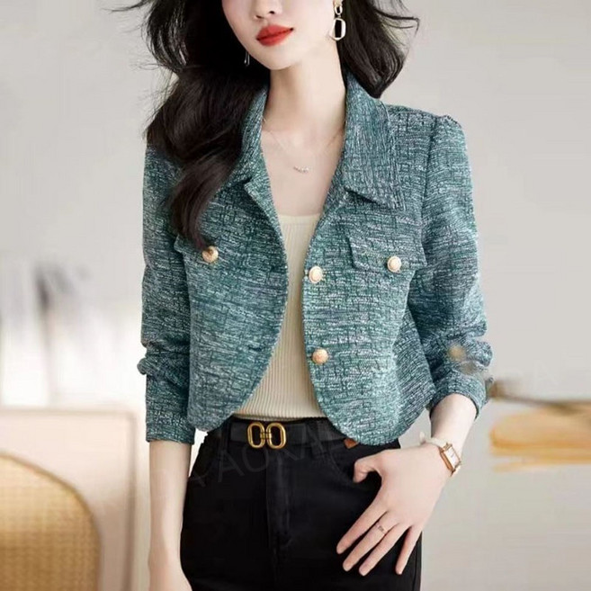 AOKADA 여성 봄 가을 슬림핏 카라넥 트위드 숏 크롭 자켓 키작녀 블레이져