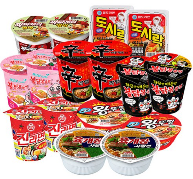 컵라면 8종 세트(도시락 2개+미니왕뚜껑 2개+짜파게티범벅 2개+육개장 2개+까르보불닭볶음면 2개+진라면 매운맛 2개+신라면 2개+불닭볶음면 2개), 1개
