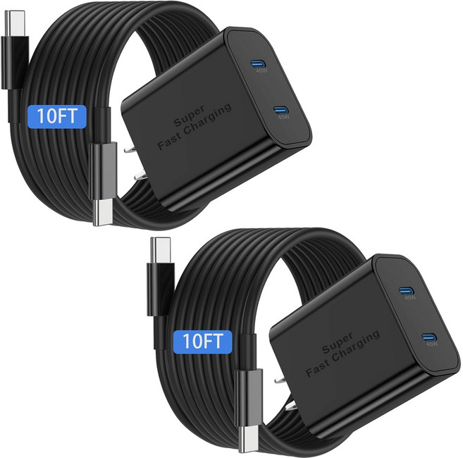 듀얼 포트 45W 초고속 충전기 및 긴 USB C to 케이블 3m(10피트) 타입 벽 블록/안드로이드 폰 충전 코드 삼성 갤럭시 S26/S25/S24 울트라/S23+/S22, 10ft, black 45W charger