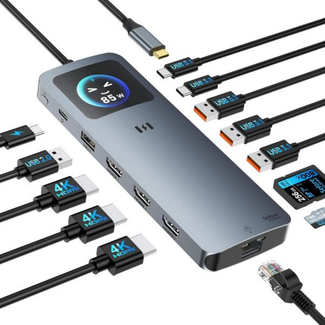 셀로어 USB C 도킹 스테이션 3 HDMI 트리플 4K 스마트 디스플레이 2.5G 이더넷 100W PD 10Gbps AC 3.1 DellHPLenovo 노트북용 SDmicro, Selore USB C 도킹 스테이션 3 HDMI, 1