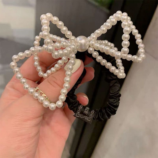 蝴蝶結頂夾丸子頭馬尾發飾頭飾高彈力發圈立體發夾女, 1個, 【權威定制】蝴蝶結珍珠發圈