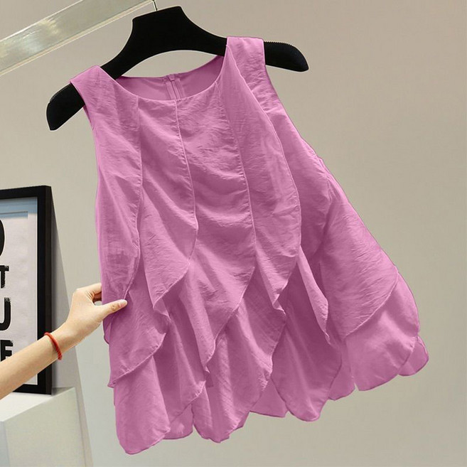 ORZQU 여자 프릴 패치 라운드넥 민소매 나시 블라우스