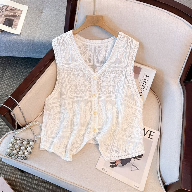 여성 여름 조끼 상의 펀칭 얇은 브이넥 니트 베스트 캐주얼 여자 민소매 상의 YLP