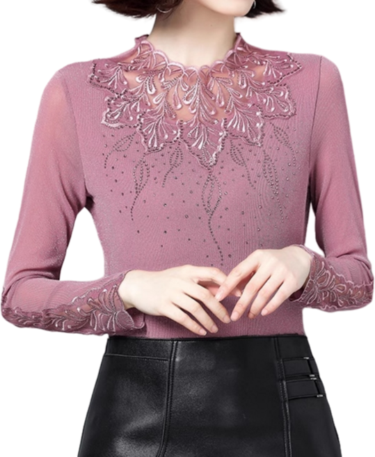 여성 나뭇잎 망사 긴팔 슬림 라틴 사교 라인 댄스복 상의 연습복 왈츠 스포츠댄스복, 핑크, L