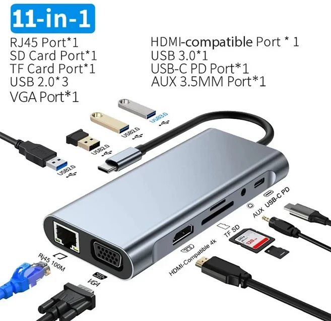 12-in-1 USB C 도킹 스테이션 유형 C-HDMI 어댑터 4K HD PD 100W VGA RJ45 3.5mm SD TF 3.0 노트북 MacBook, 01 China Mainland, 1개, 02 11-IN-1