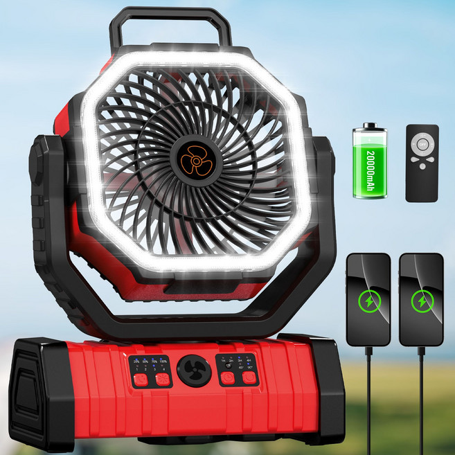 KINGLEAD 킹리드 무선 캠핑 선풍기 LED 조명 텐트천장 휴대용 대용량 배터리 팬, 붉은색