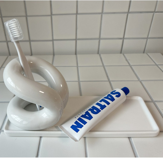 딜라이트홈 커브드 핸드메이드 세라믹 칫솔꽂이&트레이세트, 화이트세트, 1개