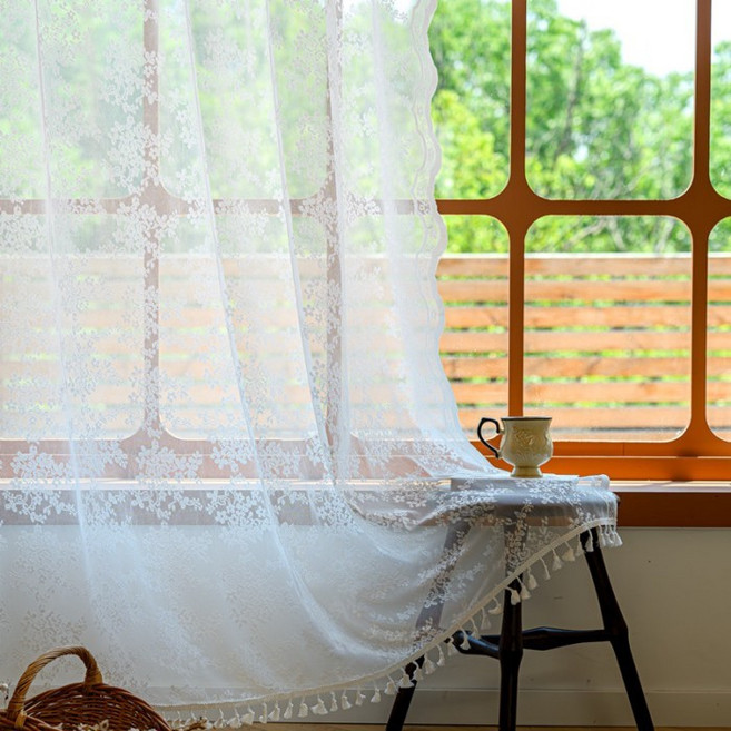 法式透光窗簾窗紗 鏤空蕾絲波浪邊流蘇臥室客廳成品, 蕾絲邊單邊流蘇,140*300