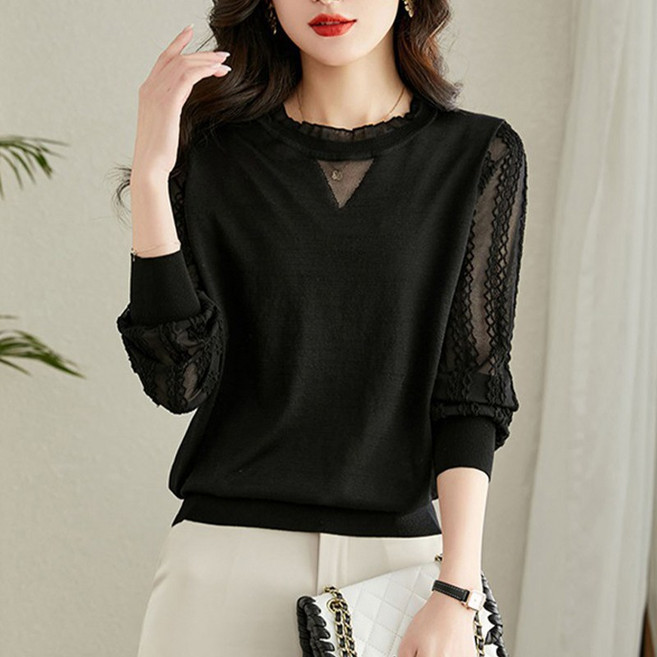 [4Color] 니엘 레이스 시스루 블라우스 / 라운드넥 프릴 긴소매 여성용 패턴 상의 얇은 재질 하객룩 파티룩 데이트룩 활용도 좋은 여성상의 (HJ-5037 )