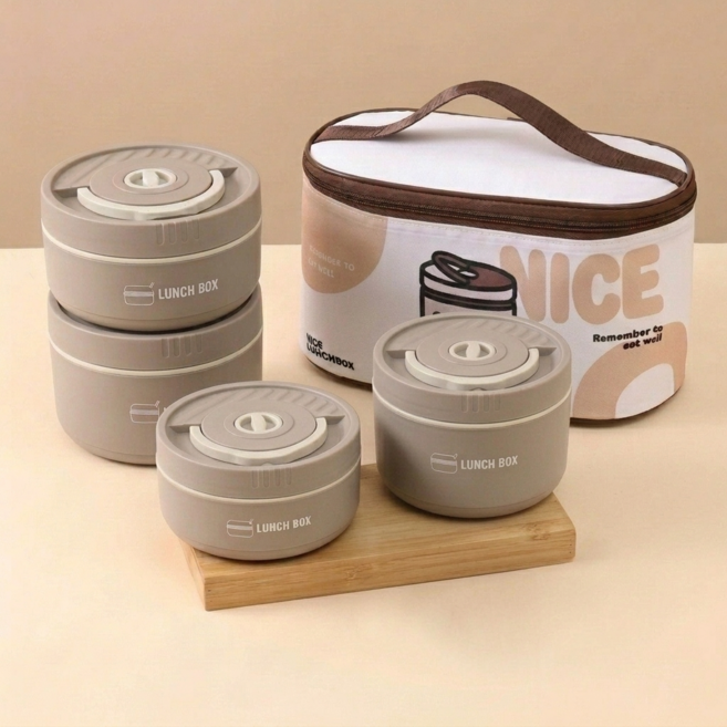 보온 도시락 런치 박스 가방 포함 분리 가능 세트, 1세트, 밀크브라운 4단