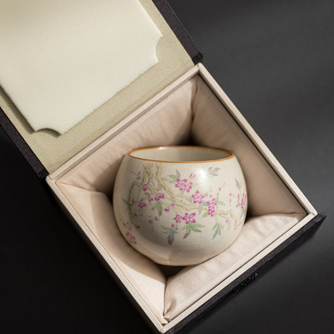 【N.SPACE】 需養杯金絲汝窯開片 小院燒製 主人杯, 1個, 桃枝汝窯圓禧杯 (禮盒), 禮盒