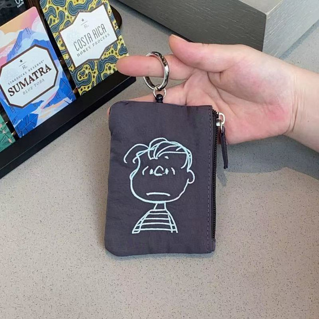 史努比 查理布朗 刺繡 證件卡包 鑰匙包 附掛鉤, 1個, 深灰色