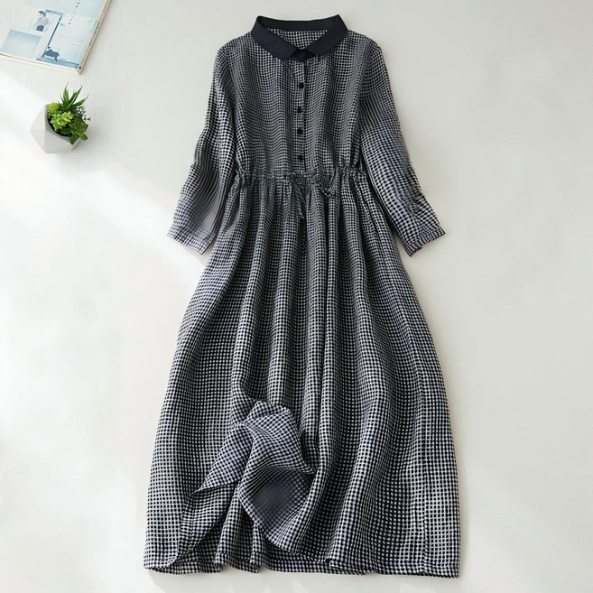 ZAJA 여성 봄가을 흑백 체크 원피스 롱기장 카라넥