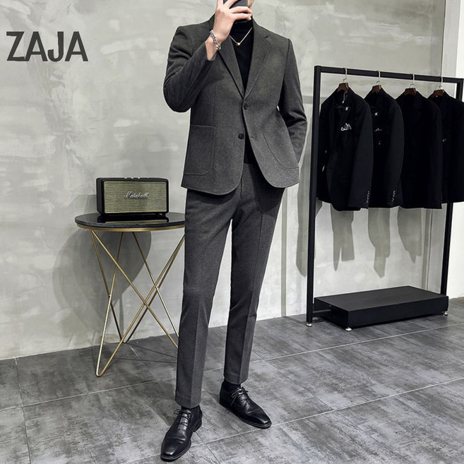 ZAJA 남성 모직 정장 세트 수트 자켓 바지 슬림핏 투피스