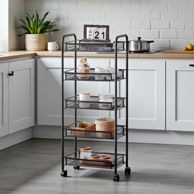 데이킨 이동식 슬림 트롤리 틈새 선반 수납, 블랙, 5단