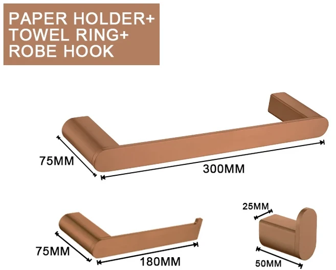 브러쉬드 로즈 골드 벽걸이 선반 화장실 홀더 레일 훅 욕실용품, 01 3 Pieces Set B