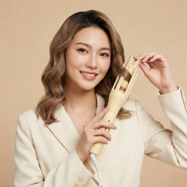 자동 컬링아이언 32mm 대물결 음이온 무상처 헤어케어 물결곱슬, 연노랑색, RD-01