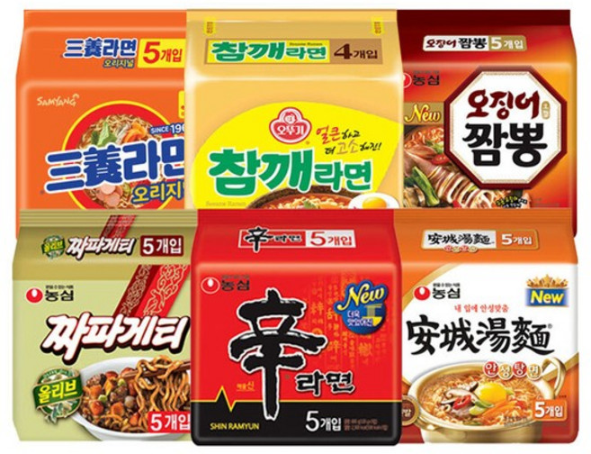 봉지라면 혼합 29봉(신라면5봉+짜파게티5봉+안성탕면5봉+삼양라면5봉+참깨라면4봉+오징어짬뽕5봉), 없음, 29개