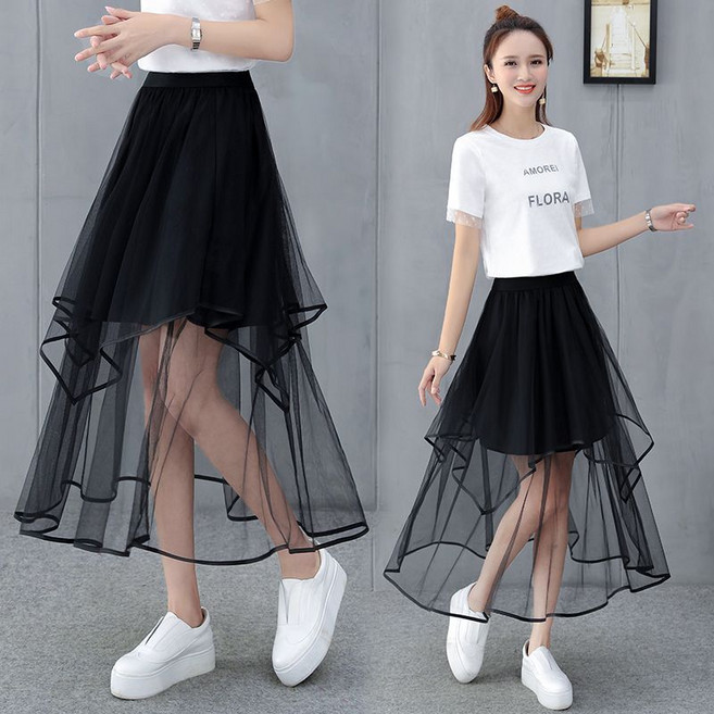 網紗半身裙春夏新款不規則紗裙蛋糕裙女中長款高腰a字裙長裙子