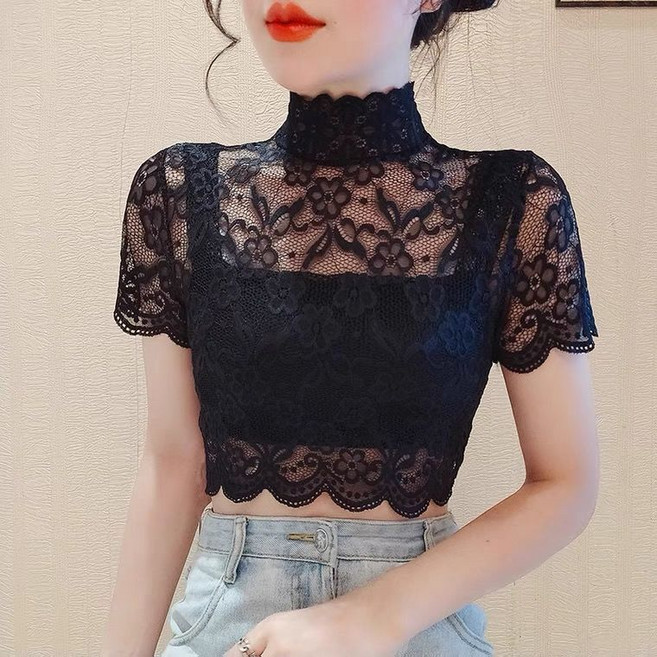新款短袖蕾絲衫立領打底衫假領子女百搭內搭短款