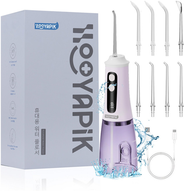 Hooyapik 치아청소기계 휴대용 구강세정기 대용량 건강한 구강관리 초강력 배터리 9단계 세정모드 IPX7 방수+8개 노즐팁 D0051, 퍼플, D0051(X7-B)
