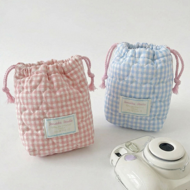 포근 퀼팅 누빔 파우치 / 폴라로이드 인스탁스미니용, 1개, 체크핑크