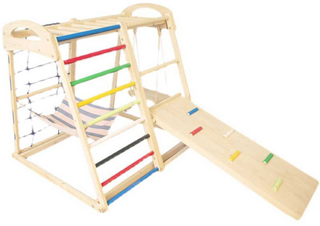 실내 등반 프레임 암벽 원목 놀이 기구 미끄럼틀, 1개, 등반+스윙+플랫폼+슬라이드