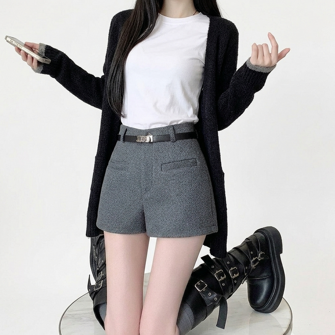 여성 데일리 오피스룩 하이웨스트 A라인 모직 반바지 벨트 세트 숏팬츠
