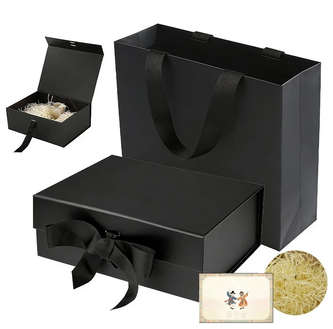 SC FMCG 선물상자 세트 ( 선물 포장 박스 + 쇼핑백+ 선물포장 완충재+축하카드 포함), 1세트, 블랙 - 쿠팡