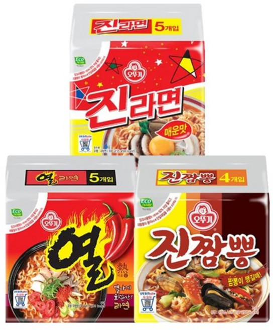진라면 매운맛 5입 + 열라면 5입 + 진짬뽕 4입, 없음