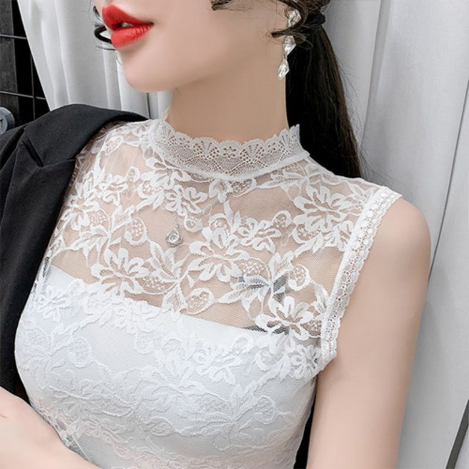 여성 페이크폴라 레이어드 시스루 레이스 이너 민소매 나시티 W588