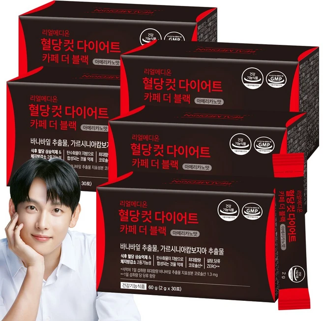 리얼메디온 혈당컷 다이어트 카페 더 블랙 아메리카노맛 설탕당류ZERO 바나바잎 가르시니아캄보지아 추출물 식후혈당상승억제 체지방감소 보조제 커피맛 혈당케어 컷타임, 5박스, 60g - 쿠팡