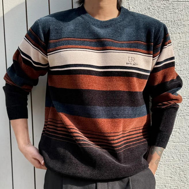 코엑티 남성 겨울 두꺼운 리치 벨벳 셰닐 라운드 스웨터