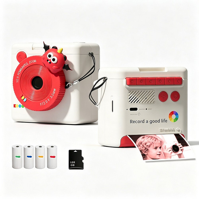 프린트 카메라 즉석카메라128GB SD카드+카드리더기+인화지4롤 포함, 레드