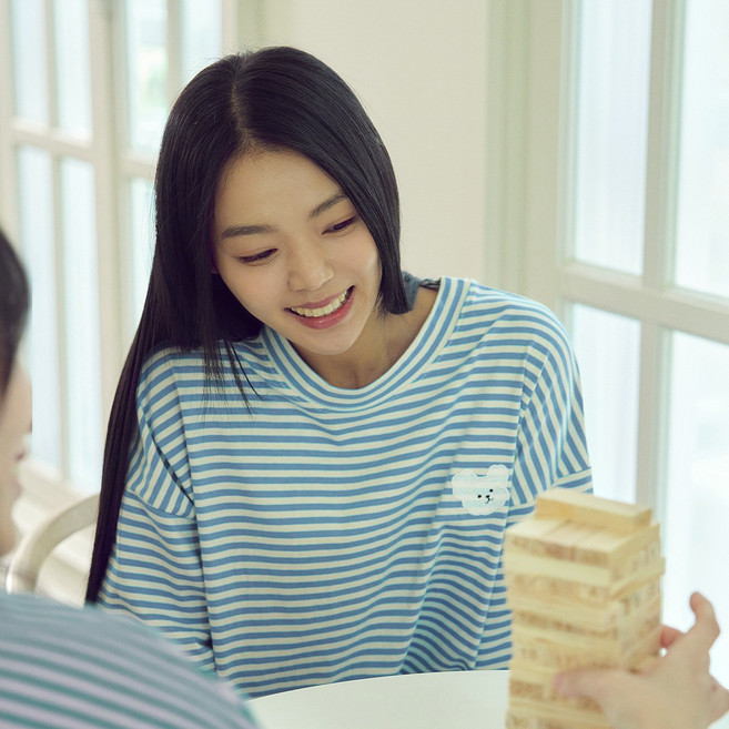 마른파이브 여성 강아지 자수 스트라이프 홈웨어 트임 롱원피스 잠옷