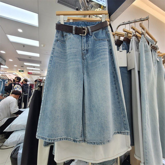 여성 와이드 7부 청바지 하프 일자 팬츠