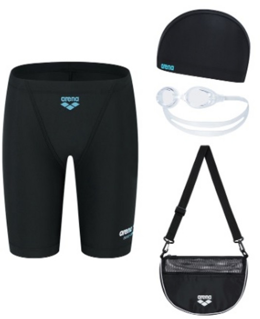 아레나 [NC수원터미널점] "4부 수영복+수경+천수모+메쉬백" 세트! 킥앤풀 남아동 4부 세트 키트 A5SB1KB04BLK